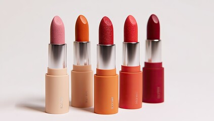 Obraz premium Five lipstick tubes in varying warm tones, from dusty rose to deep burgundy, are arranged on a white background. The tubes are short and cylindrical with matte finishes matching the lipstick shade