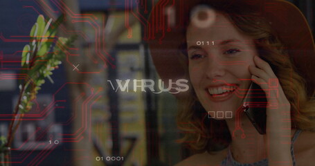 Talking woman using smartphone at right ear in server room, with virus code overlay, copy space