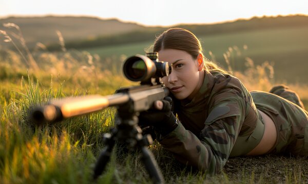 Woman in camouflage aiming a rifle outdoors at sunset