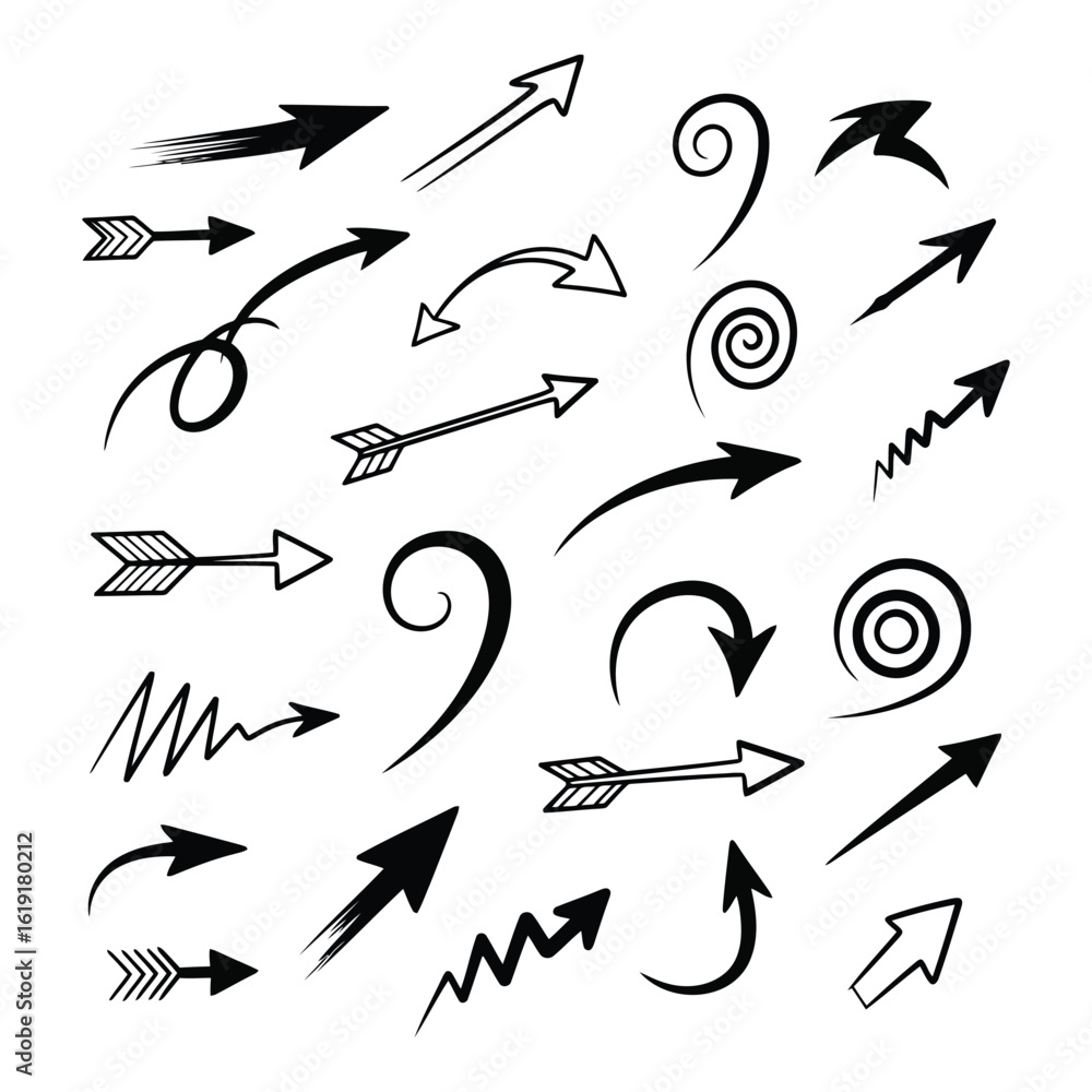 Poster vector art of a creative collection of handdrawn and sketched arrow icons in various styles