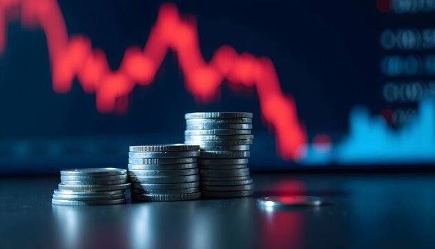Financial crisis concept with stacks of coins and a declining red graph in the background, symbolizing an economic downturn - Powered by Adobe