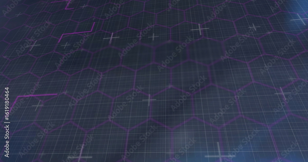 Aufkleber displaying hexagonal grid receding on virtual 3d plane, with purple neon lines and white crosshairs