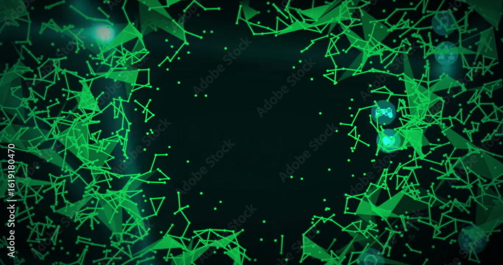 Aufkleber glowing green network forming ring in dark void, with triangular line segments, nodes and particles