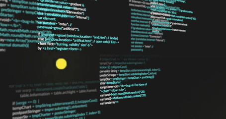 Displaying highlighted JavaScript code on computer monitor in dark editor, with yellow circle