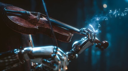 A robot's hands play an old violin, creating magical glowing musical notes, a concept for artificial intelligence in art and creativity.

