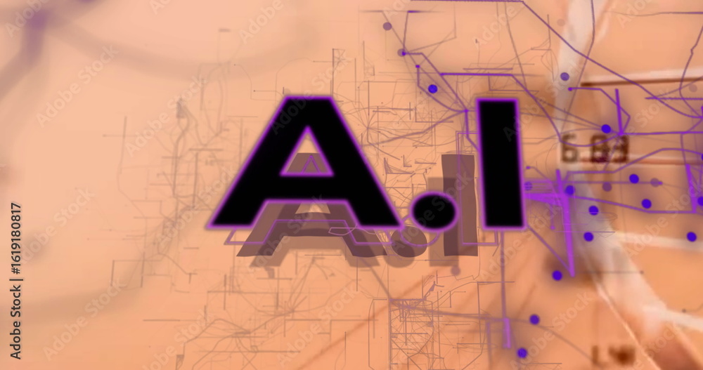 Aufkleber showing bold ai letters outlined in digital ui, revealing schematic lines, nodes, circuit patterns