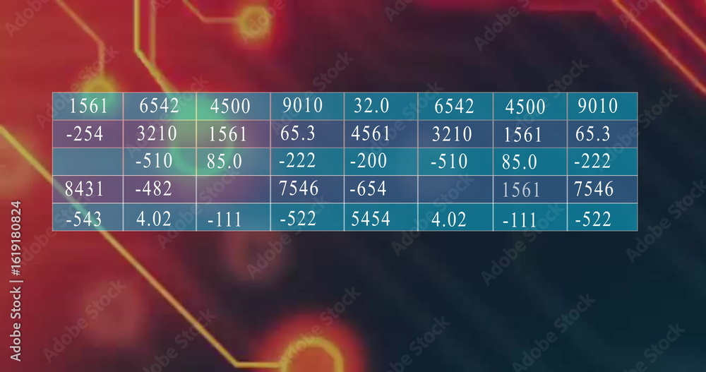 Poster floating translucent table showing grid lines, numeric values on circuit with glowing nodes, traces