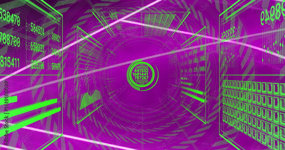Poster rotating circular interface highlighting numeric readouts in purple tunnel, with green data panels