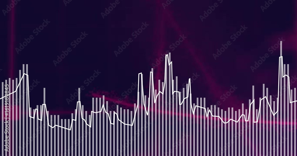 Poster displaying audio visualizer on digital screen, with white bars and white waveform line