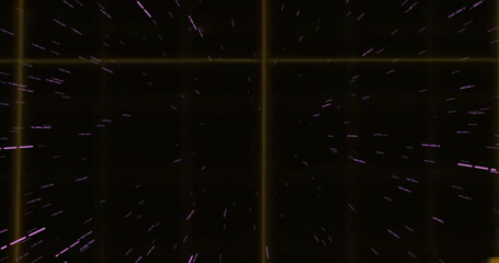 Simulating digital effect racing through dark space, with golden grid lines and purple-pink streaks