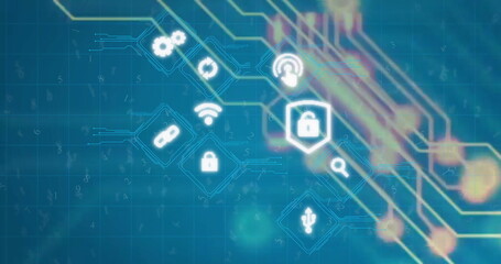 Displaying digital schematic showing shield and padlock icons over blue grid, with neon circuits