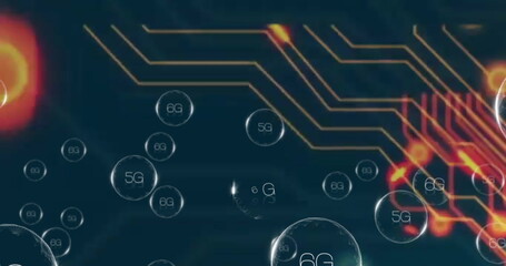 Drifting large 6G bubble through network with 5G spheres, glowing circuits, illuminated nodes