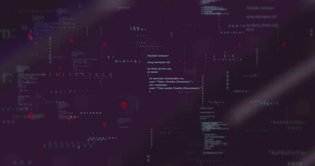 Displaying C++ code snippet floating through digital space, with binary digits and red euro symbols