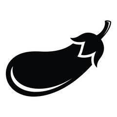Vector art of a black silhouette of an eggplant with a stem and leaves, isolated on a white background