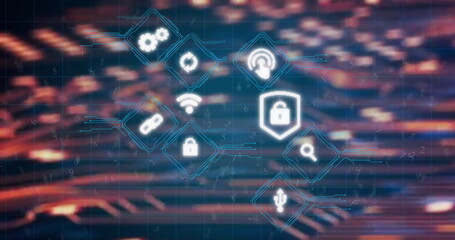 Floating white security icons clustering above tech background, with shield padlock USB plug Wi-Fi