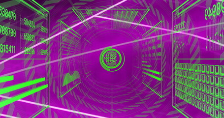Rotating circular interface highlighting numeric readouts in purple tunnel, with green data panels