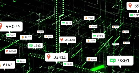 Floating white pin icon labeled 32419 moving in 3D network with chat bubbles and numeric labels