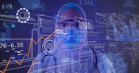 Medical professional using holographic panels analyzing data in futuristic lab, wearing stethoscope