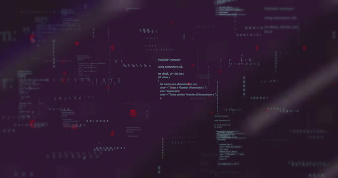 Displaying C++ code snippet floating through digital space, with binary digits and red euro symbols