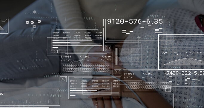 Holding smartphone parent and child analyzing data overlays on bed, with digital interface elements