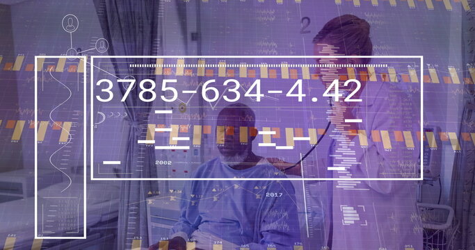 Examining nurse placing stethoscope on senior male patient in hospital room, with data overlay