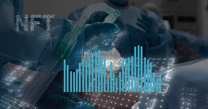Holding gloved hand placing breathing circuit mask over face in operating room, with NFT overlay