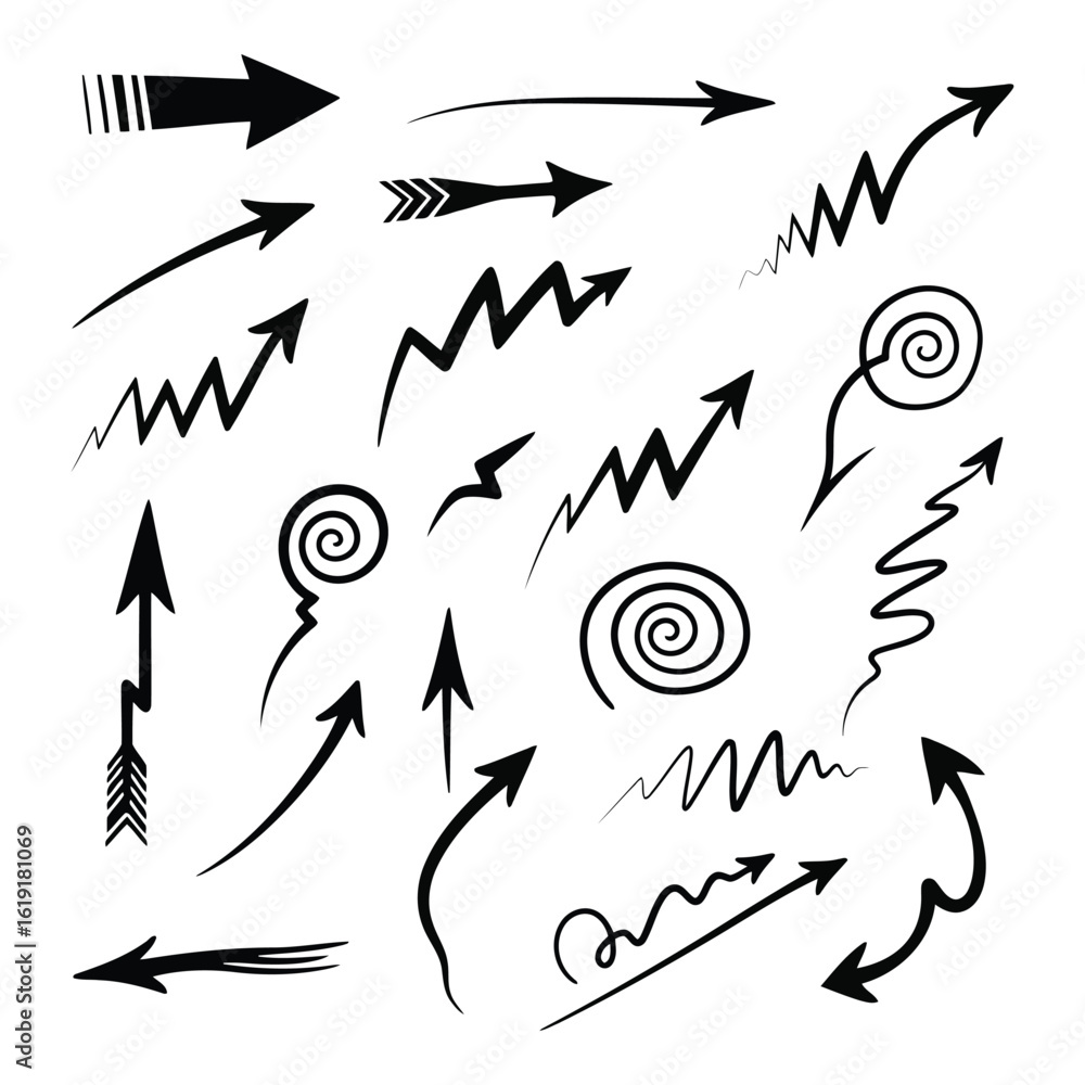 Poster vector art of a variety of black arrow icons with brush strokes and spiral elements, pointing in dif