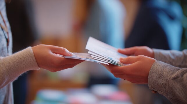 Medium shot of hands exchanging informational pamphlets on mental wellness in a stigmafree training session with the main objects sharply focused and the surrounding workshop scene