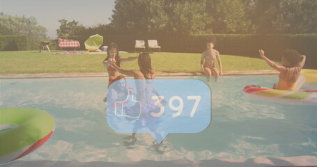 Laughing friends in swimwear socializing around backyard pool, with grill and inflatable rings
