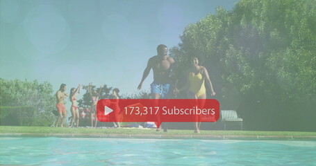 Walking man in trunks and woman in one-piece swimsuit entering backyard pool, with subscriber count