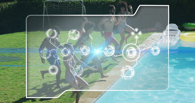 Preparing six friends wearing swimwear jumping into home pool, with pool inflatables and UI overlay