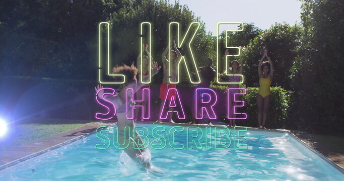 Diving man wearing swim trunks splashing in backyard pool deck with jumping friends, neon overlay