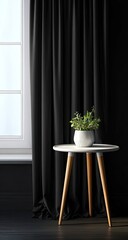 Fototapeta premium A small white side table with tapered wooden legs stands beside a window draped with dark curtains, a small potted plant rests on its surface