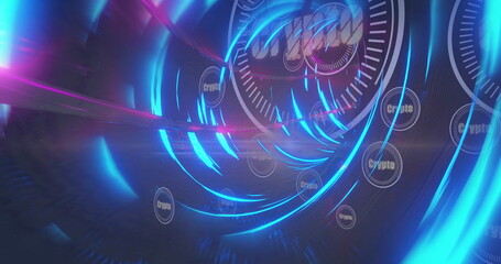Streaming tunnel swirling with neon rings in virtual data corridor, with glowing crypto icons