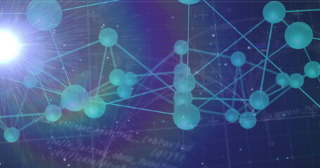 Displaying teal spheres connected by glowing lines in dark backdrop, with lens flare and code text