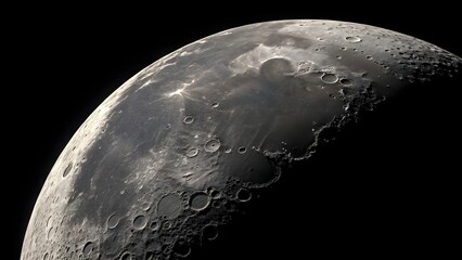 Half moon closeup in deep space with detailed craters and shadow across lunar surface