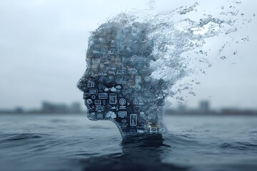 A human head made of digital icons dissolves into the water, a surreal concept for information overload, digital detox, or drowning in data.

