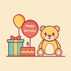 Fototapeta premium Cute Teddy Bear with Balloon, Birthday Card, Cake, and Gift in Flat Vector Style