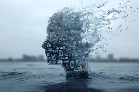 A human head made of digital icons dissolves into the water, a surreal concept for information overload, digital detox, or drowning in data.

