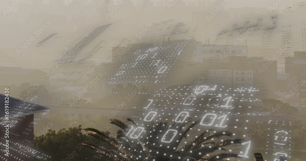 Aufkleber binary code matrix floating in smoggy cityscape over modern buildings, with palm tree foreground