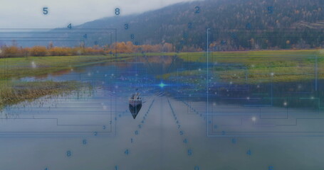 Drifting lone man in wooden rowboat exploring scenic lake valley, with futuristic digital overlay