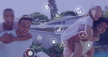 Friends wearing summer outfits riding piggyback in backyard pool area with hex icons, code snippet