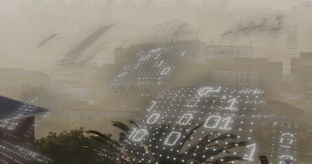 Binary code matrix floating in smoggy cityscape over modern buildings, with palm tree foreground © vectorfusionart