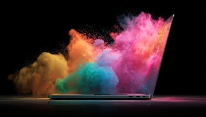 A silver laptop rests on a dark surface, engulfed by a vibrant explosion of multicolored powder; pinks, oranges, teals, and blues dominate the cloud