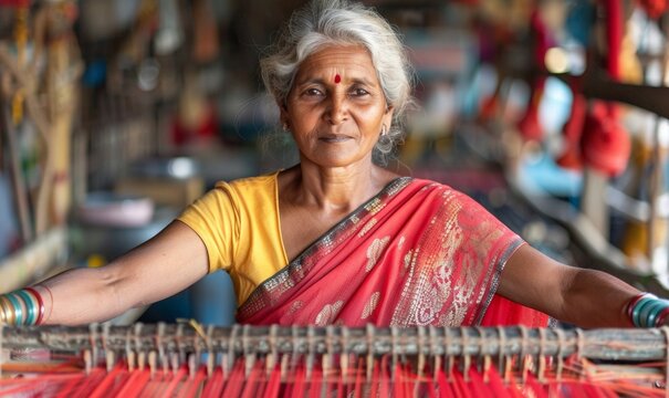 Indian senior woman working cloth on handloom in village settingries.Traditional Indian weaver crafting on handloom.	
