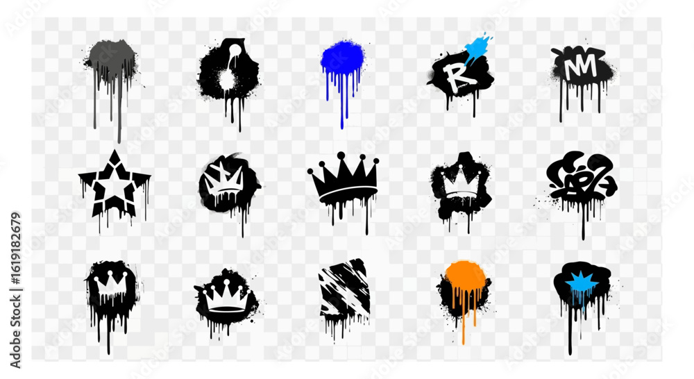 Poster assortment of graffiti style vector elements featuring spray paint splatters and dripping ink effect