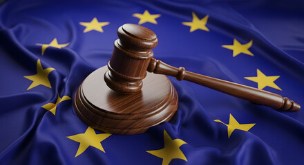 European Union Law and Justice Symbolized by Gavel on EU Flag