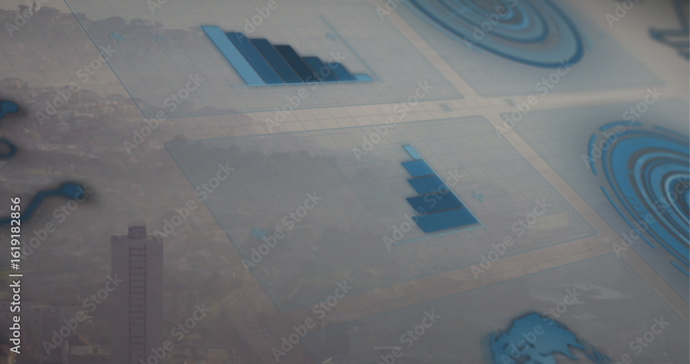 Aufkleber displaying data panels hovering over city skyline featuring bar charts and circular infographics