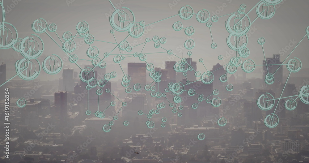 Poster displaying digital network overlay floating over metropolitan skyline, with teal human icon nodes