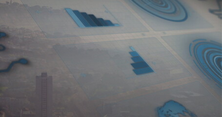 Displaying data panels hovering over city skyline featuring bar charts and circular infographics